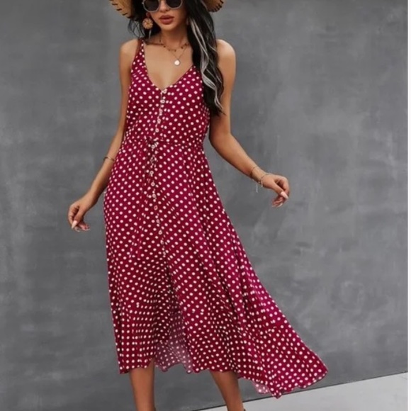 Boho polka dots  button up v neck tie polka dot dress - Picture 11 of 15